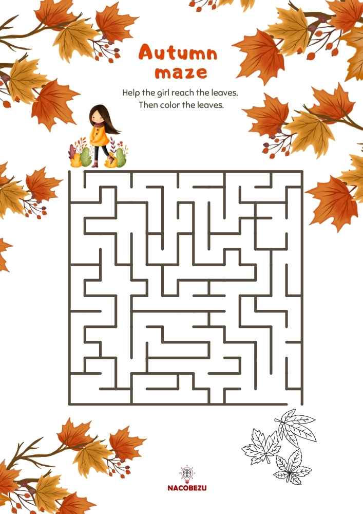 autumn maze worksheet for kids