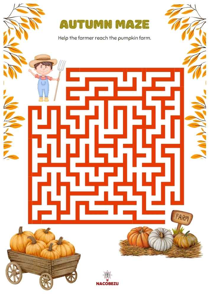 autumn maze worksheet for kids