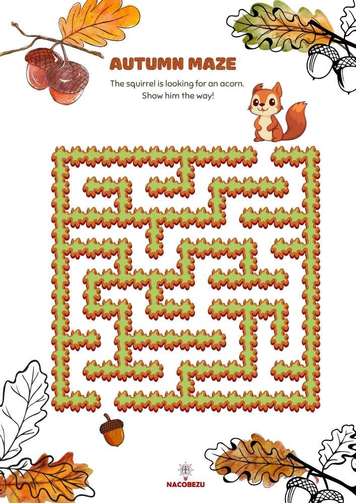 autumn maze worksheet for kids