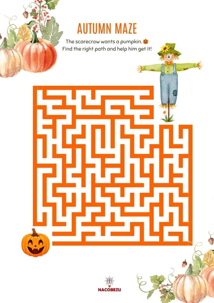 autumn maze worksheet for kids