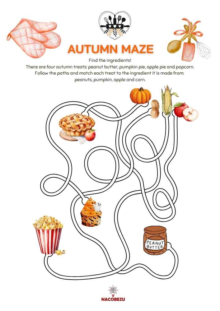 autumn maze worksheet for kids