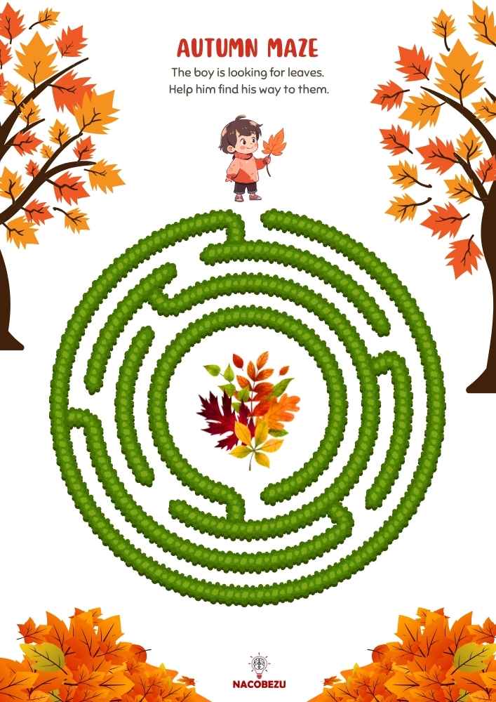 autumn maze worksheet for kids