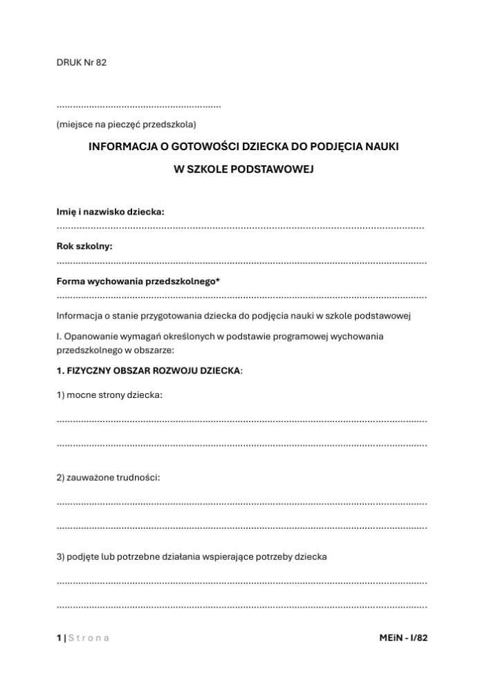 Wzór informacji o gotowości szkolnej